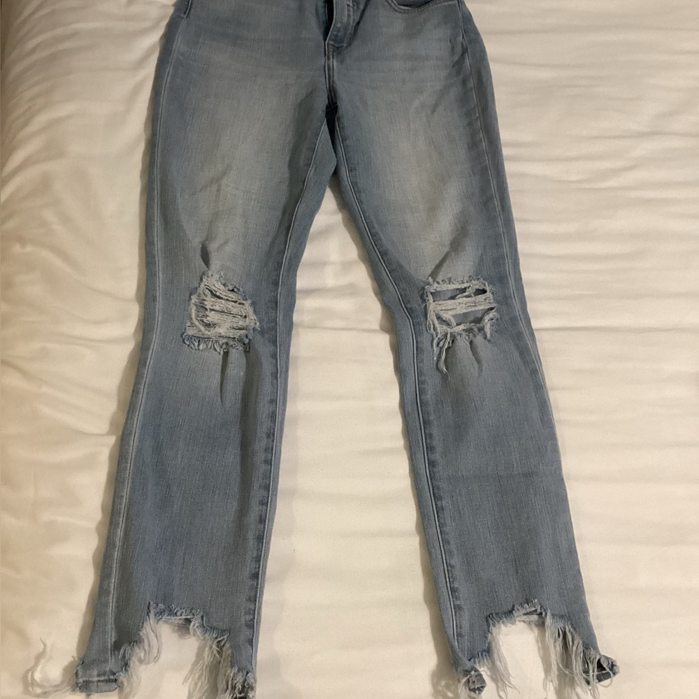 L'AGENCE High-Rise Straight Leg Distressed Jeans with Raw Frayed Hem Size 25